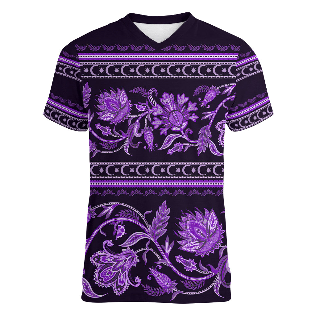 Azerbaijan Women V Neck T Shirt Traditional Pattern Ornament With Flowers Buta Violet - Wonder Print Shop