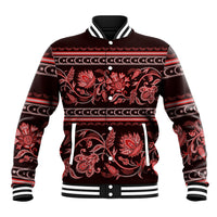 Unisex baseball jacket with red floral ornament and striped ribbed collar