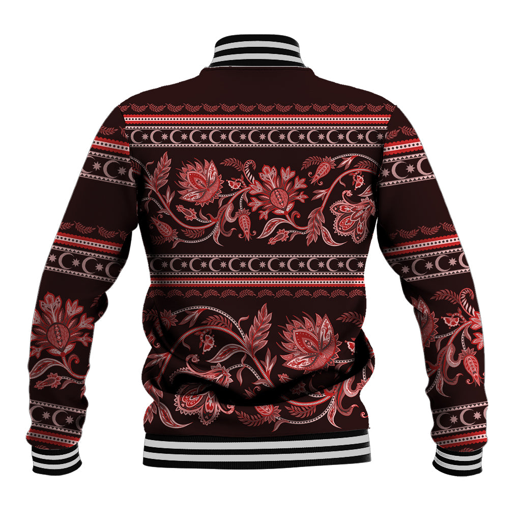 Unisex baseball jacket, back view, red floral pattern with striped waistband cuffs