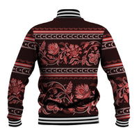 Unisex baseball jacket, back view, red floral pattern with striped waistband cuffs