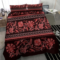 Red and dark floral ornament bedding set with bordered stripe band and two pillowcases