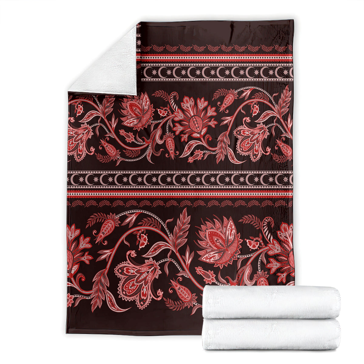 Traditional patterned throw blanket, folded display with red floral paisley on dark