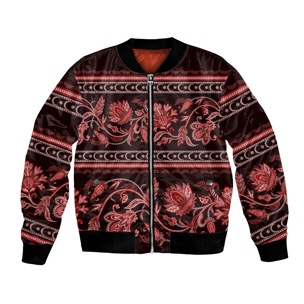 Red and black satin bomber jacket with floral ornament, front zipper, ribbed hem and cuffs.