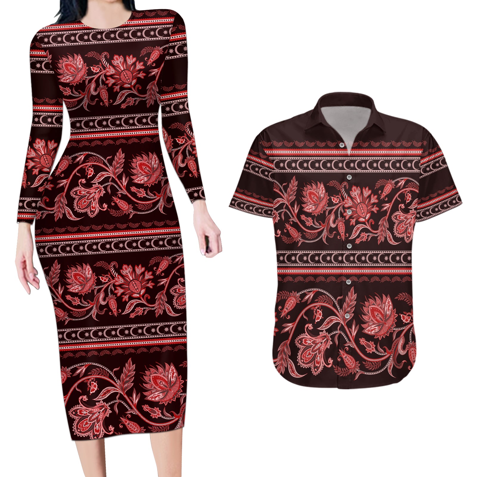 Azerbaijan Couples Matching Long Sleeve Bodycon Dress and Hawaiian Shirt Traditional Pattern Ornament With Flowers Buta Red LT9 - Wonder Print Shop