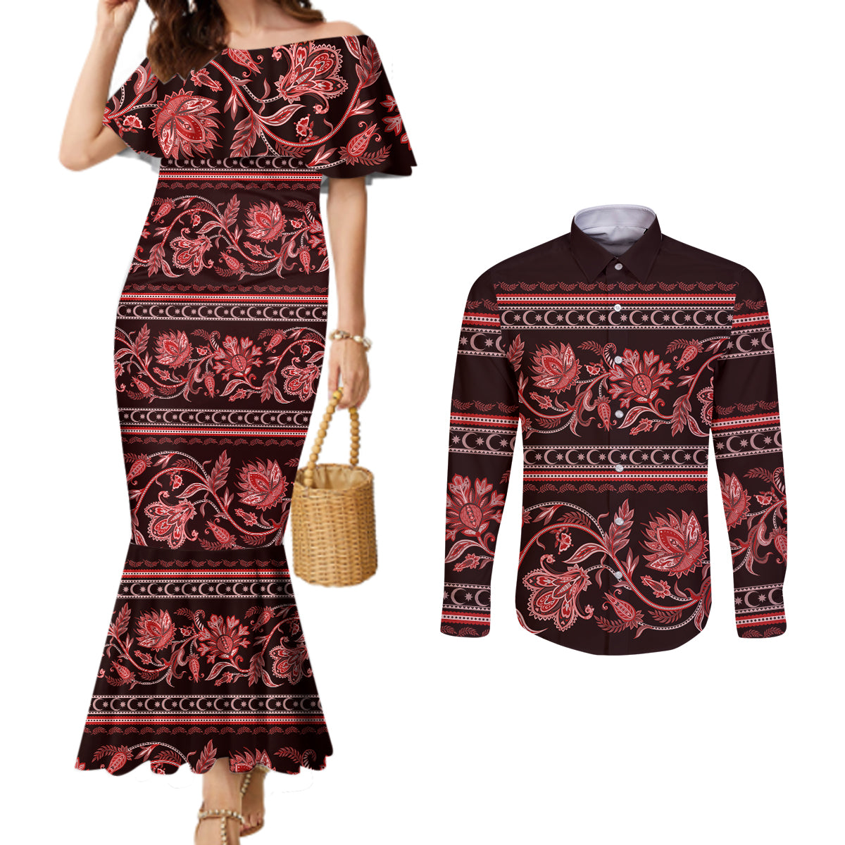 azerbaijan-couples-matching-mermaid-dress-and-long-sleeve-button-shirts-traditional-pattern-ornament-with-flowers-buta-red