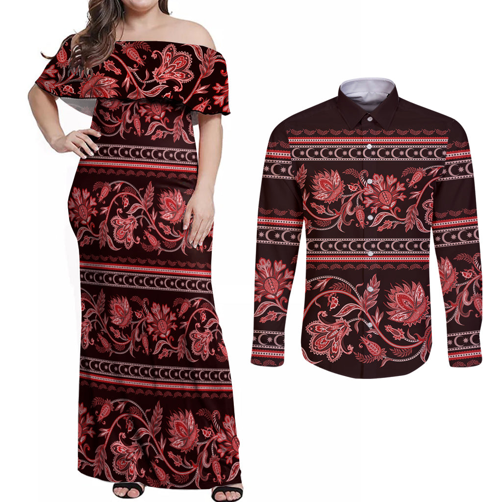 Azerbaijan Couples Matching Off Shoulder Maxi Dress and Long Sleeve Button Shirts Traditional Pattern Ornament With Flowers Buta Red LT9 - Wonder Print Shop