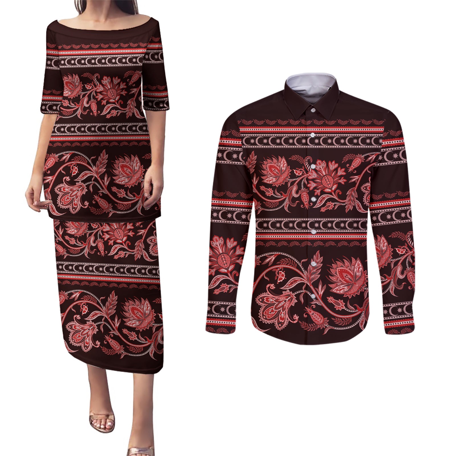 Azerbaijan Couples Matching Puletasi Dress and Long Sleeve Button Shirts Traditional Pattern Ornament With Flowers Buta Red LT9 - Wonder Print Shop