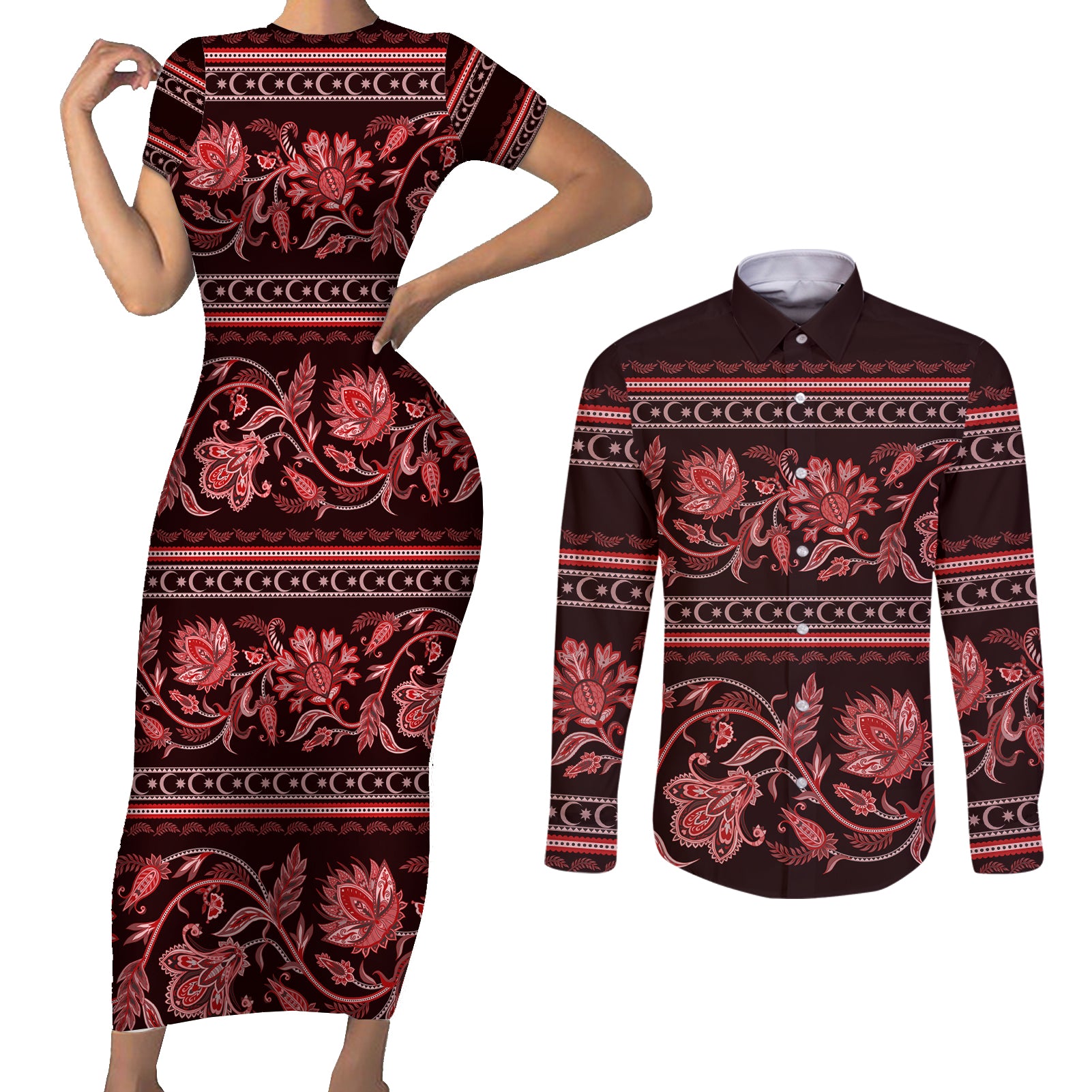 Azerbaijan Couples Matching Short Sleeve Bodycon Dress and Long Sleeve Button Shirts Traditional Pattern Ornament With Flowers Buta Red LT9 - Wonder Print Shop