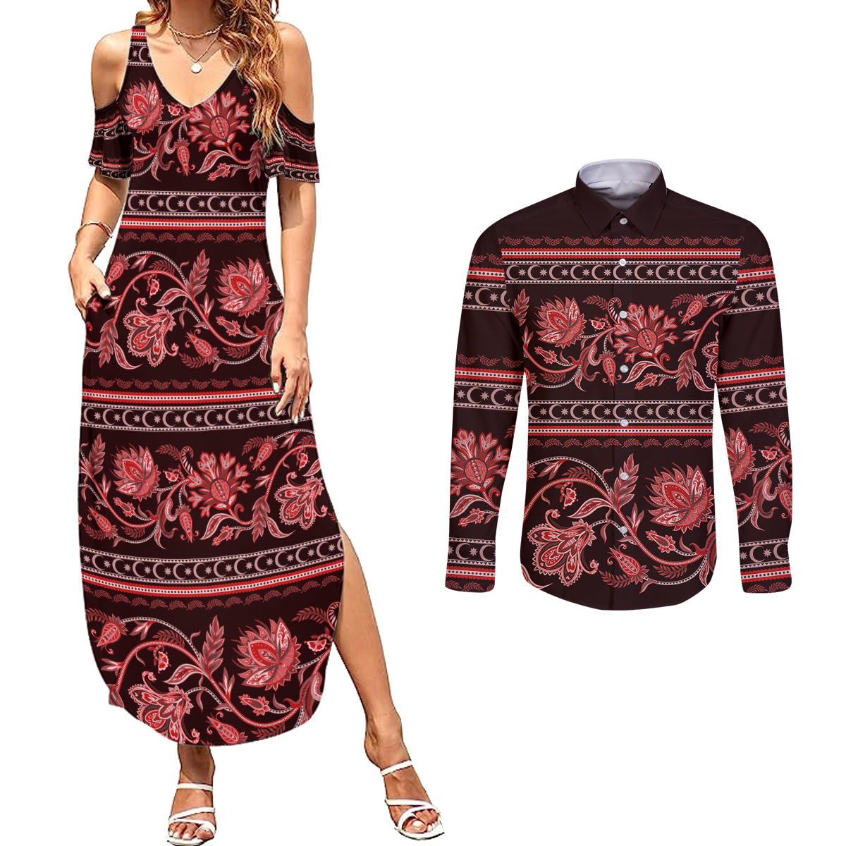 Azerbaijan Couples Matching Summer Maxi Dress and Long Sleeve Button Shirts Traditional Pattern Ornament With Flowers Buta Red LT9 - Wonder Print Shop