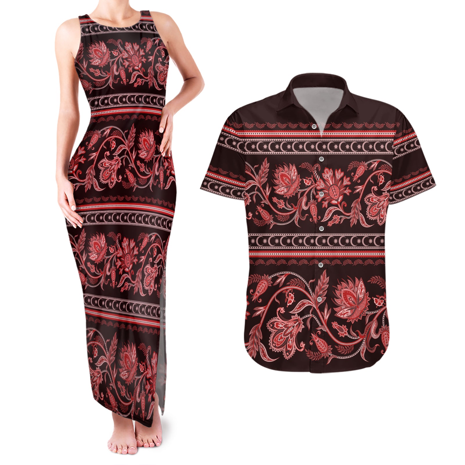 Azerbaijan Couples Matching Tank Maxi Dress and Hawaiian Shirt Traditional Pattern Ornament With Flowers Buta Red LT9 - Wonder Print Shop