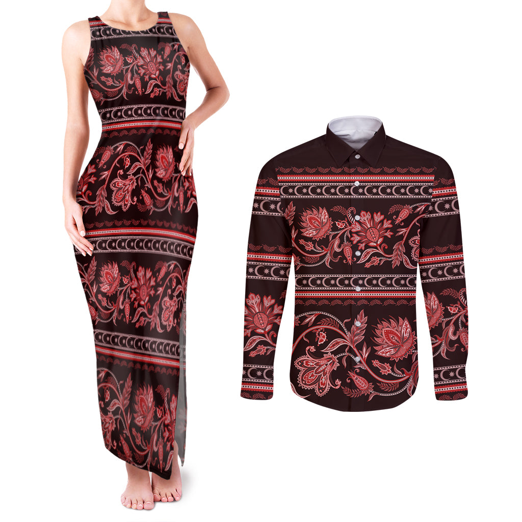 Azerbaijan Couples Matching Tank Maxi Dress and Long Sleeve Button Shirts Traditional Pattern Ornament With Flowers Buta Red LT9 - Wonder Print Shop