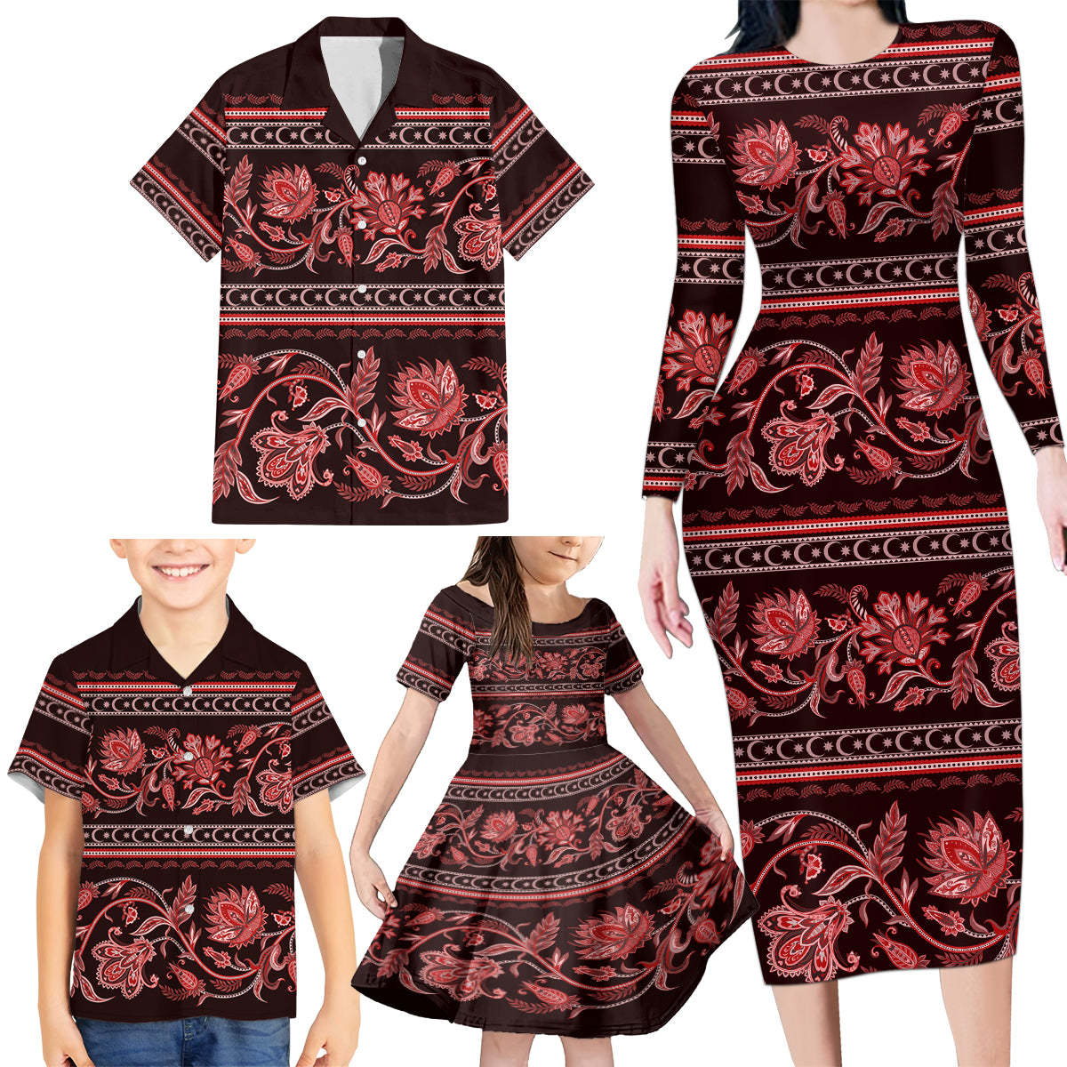 Azerbaijan Family Matching Long Sleeve Bodycon Dress and Hawaiian Shirt Traditional Pattern Ornament With Flowers Buta Red LT9 - Wonder Print Shop