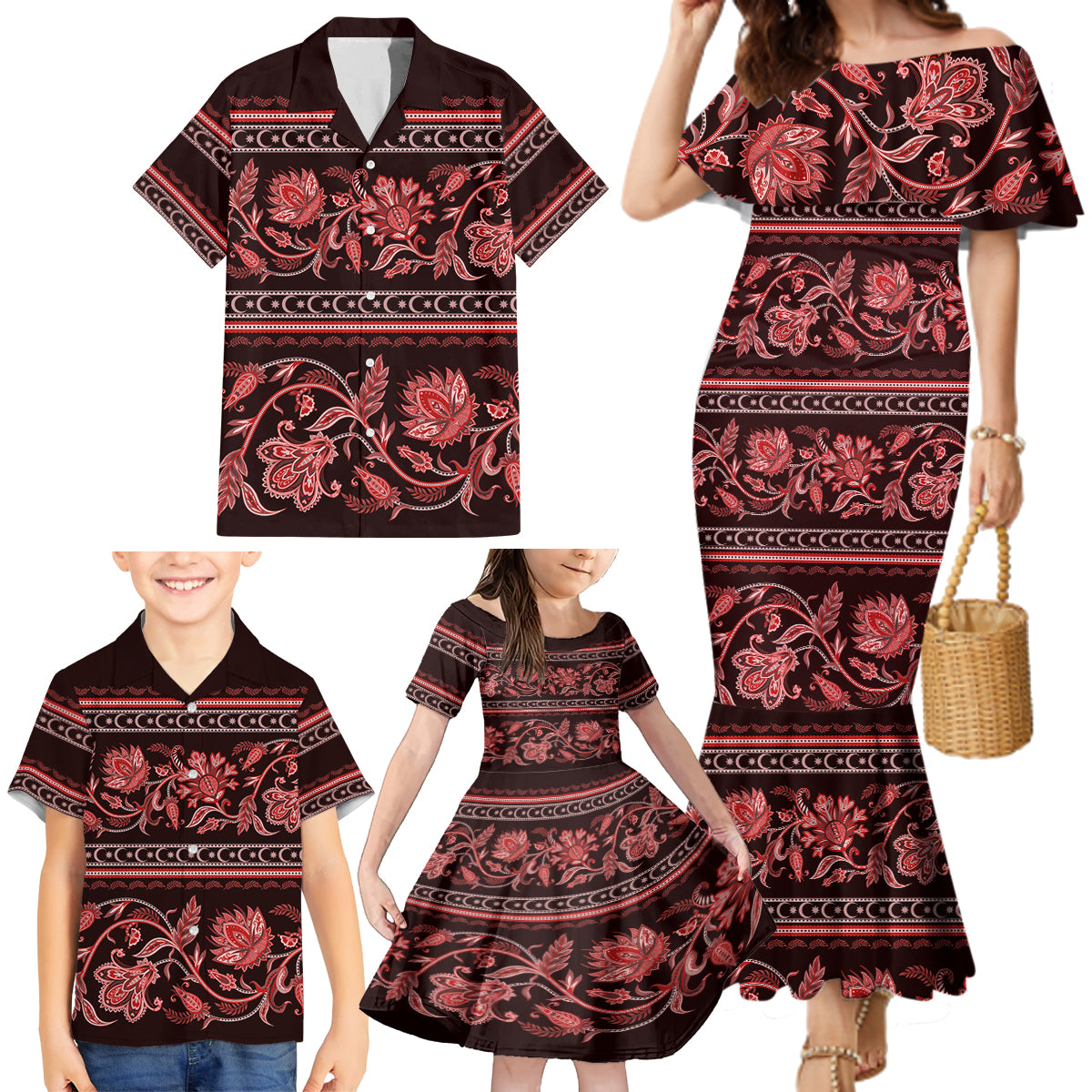 Azerbaijan Family Matching Mermaid Dress and Hawaiian Shirt Traditional Pattern Ornament With Flowers Buta Red LT9 - Wonder Print Shop