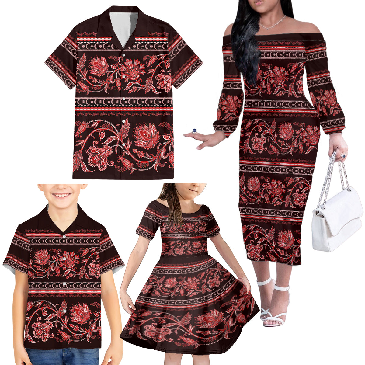 Azerbaijan Family Matching Off Shoulder Long Sleeve Dress and Hawaiian Shirt Traditional Pattern Ornament With Flowers Buta Red - Wonder Print Shop