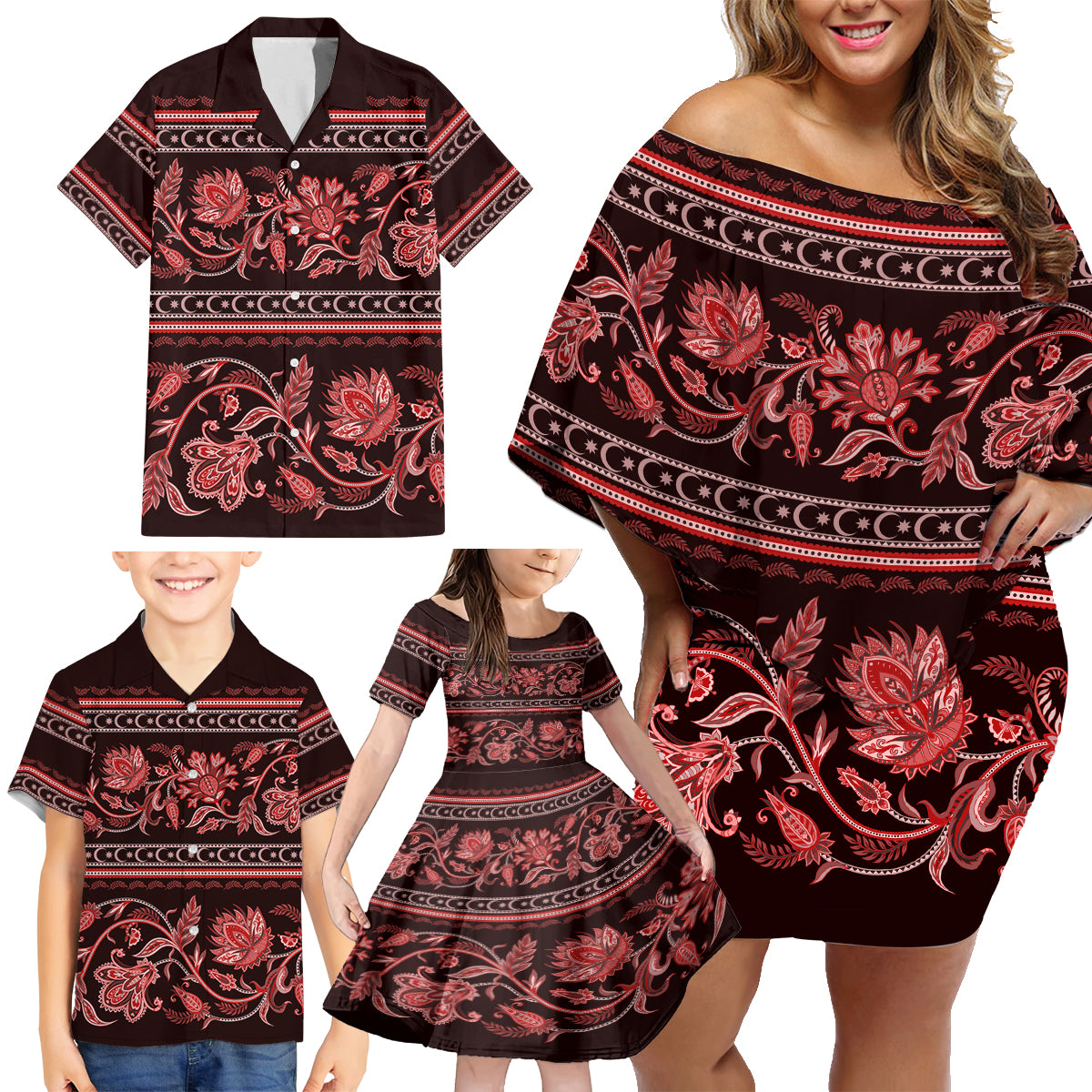 Azerbaijan Family Matching Off Shoulder Short Dress and Hawaiian Shirt Traditional Pattern Ornament With Flowers Buta Red LT9 - Wonder Print Shop