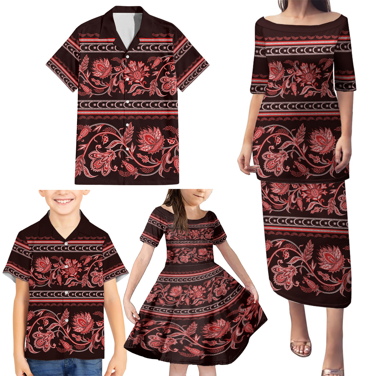 Azerbaijan Family Matching Puletasi Dress and Hawaiian Shirt Traditional Pattern Ornament With Flowers Buta Red - Wonder Print Shop