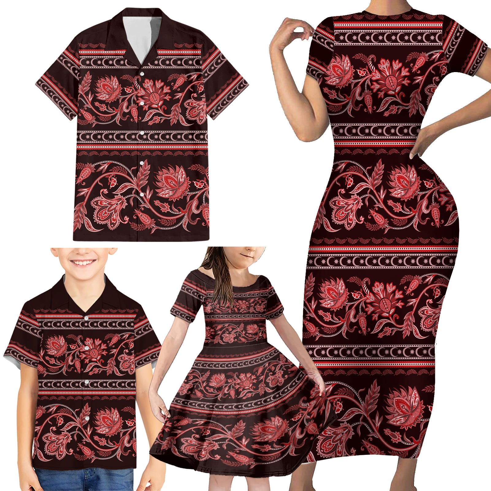 Azerbaijan Family Matching Short Sleeve Bodycon Dress and Hawaiian Shirt Traditional Pattern Ornament With Flowers Buta Red - Wonder Print Shop