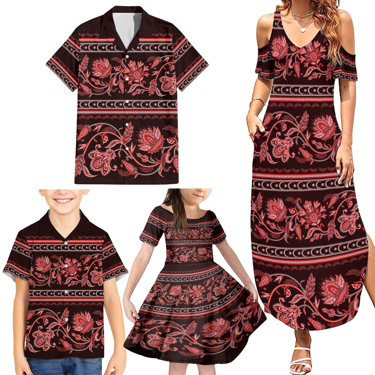 Azerbaijan Family Matching Summer Maxi Dress and Hawaiian Shirt Traditional Pattern Ornament With Flowers Buta Red - Wonder Print Shop