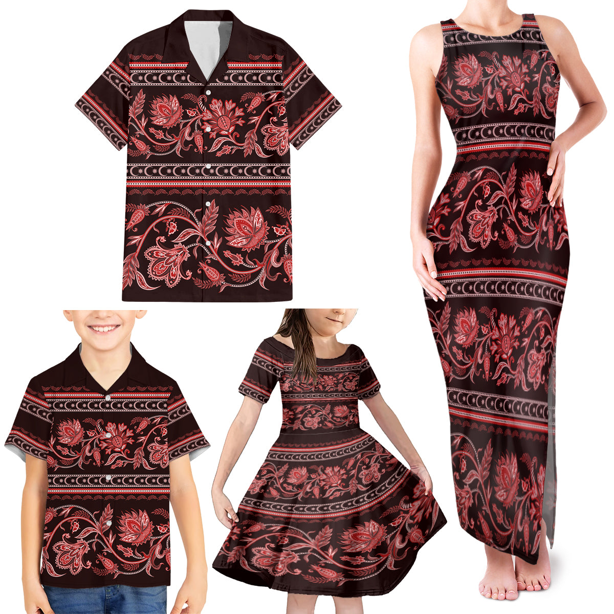 Azerbaijan Family Matching Tank Maxi Dress and Hawaiian Shirt Traditional Pattern Ornament With Flowers Buta Red - Wonder Print Shop