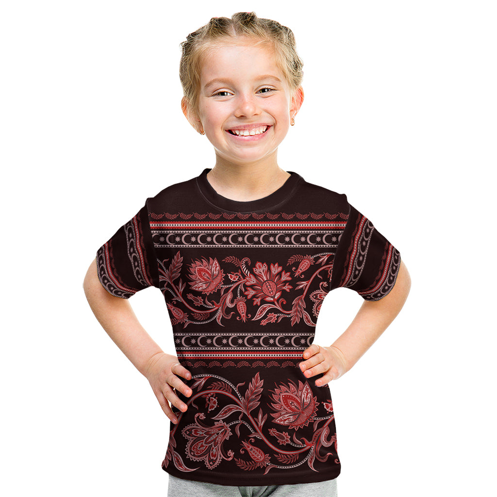 Azerbaijan Kid T Shirt Traditional Pattern Ornament With Flowers Buta Red - Wonder Print Shop