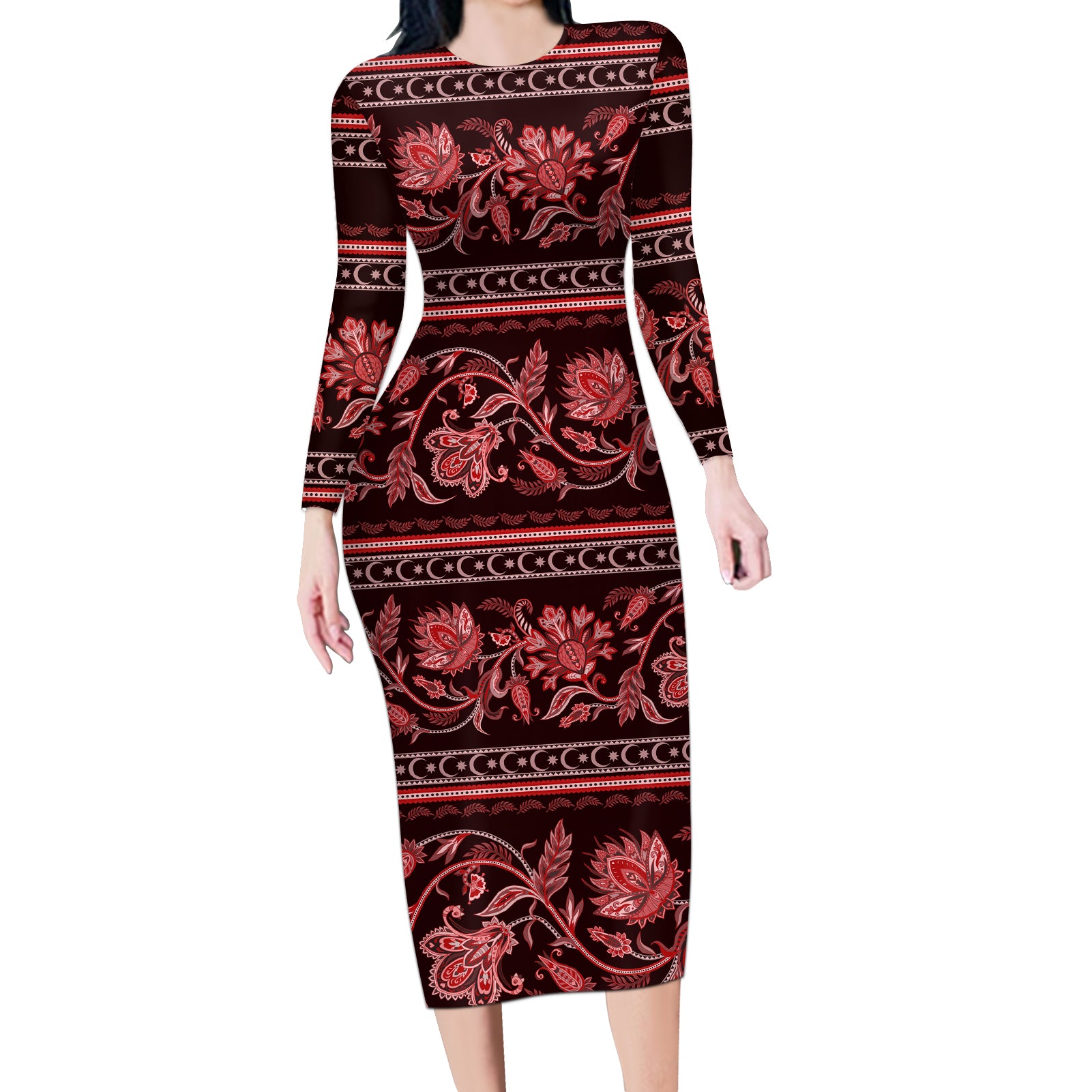 Azerbaijan Long Sleeve Bodycon Dress Traditional Pattern Ornament With Flowers Buta Red - Wonder Print Shop