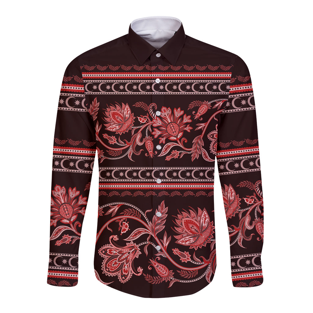 Long-sleeve button shirt in dark maroon with red floral and buta ornament pattern