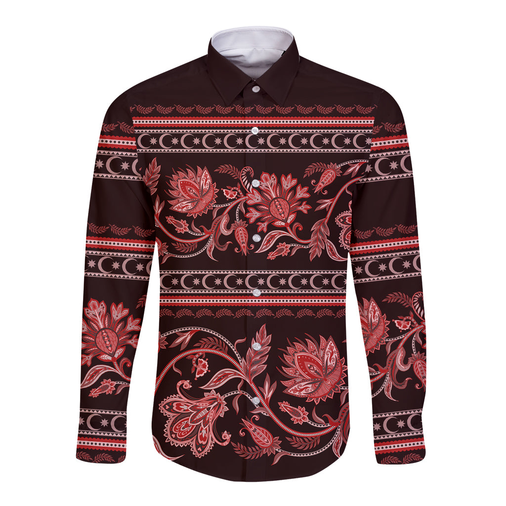 Azerbaijan Long Sleeve Button Shirt Traditional Pattern Ornament With Flowers Buta Red - Wonder Print Shop