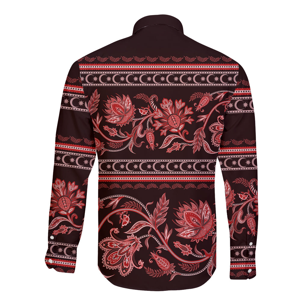 Long-sleeve button shirt back in dark maroon with red floral buta ornament and stripes