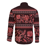 Long-sleeve button shirt back in dark maroon with red floral buta ornament and stripes