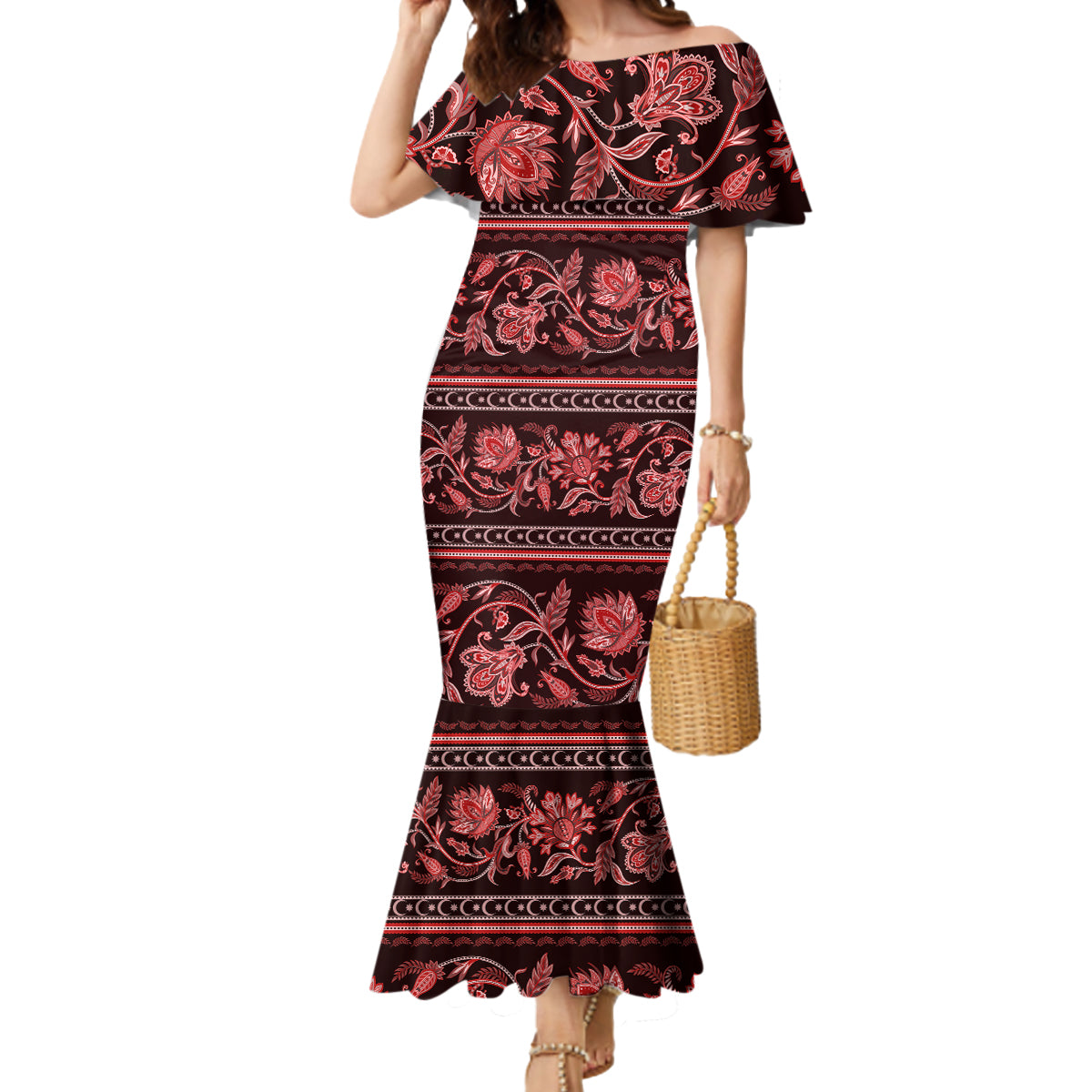 Azerbaijan Mermaid Dress Traditional Pattern Ornament With Flowers Buta Red - Wonder Print Shop