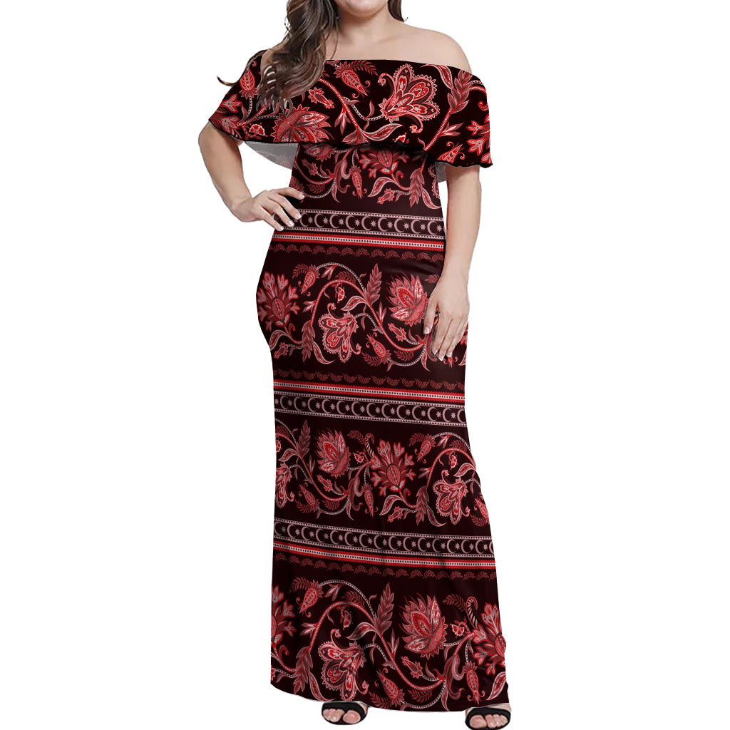 Azerbaijan Off Shoulder Maxi Dress Traditional Pattern Ornament With Flowers Buta Red - Wonder Print Shop