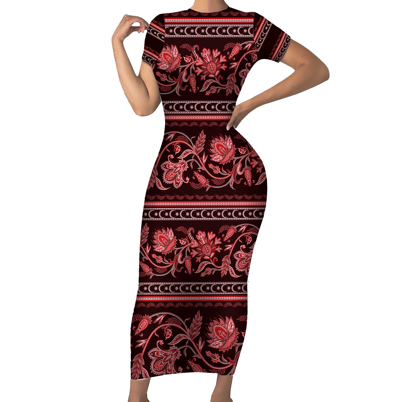 Azerbaijan Short Sleeve Bodycon Dress Traditional Pattern Ornament With Flowers Buta Red - Wonder Print Shop