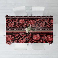 Traditional ornament tablecloth with dark base, red floral prints, and buta motifs border