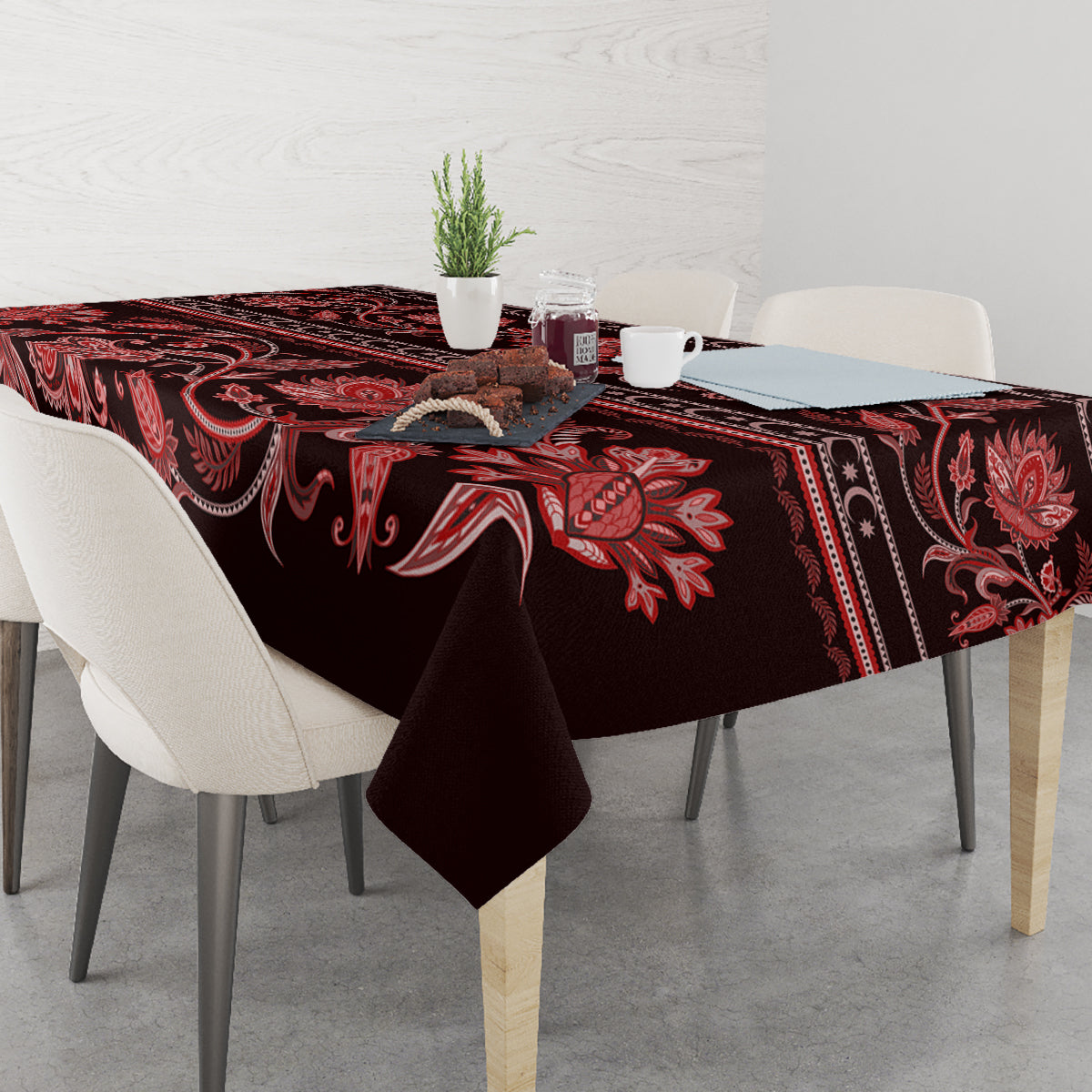 Red floral ornament tablecloth with dark background and buta pattern runner-style