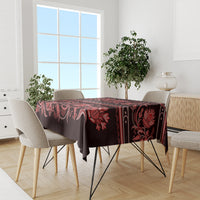 Rectangular dining tablecloth with dark base and red floral ornament print across top