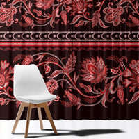 Patterned curtain panel with red floral buta motifs on dark background and horizontal trim