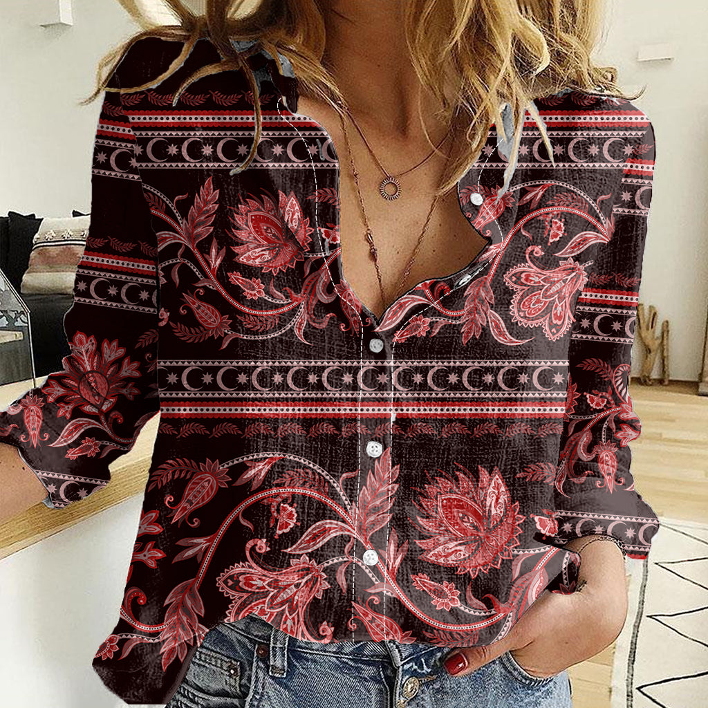 Azerbaijan Women Casual Shirt Traditional Pattern Ornament With Flowers Buta Red - Wonder Print Shop