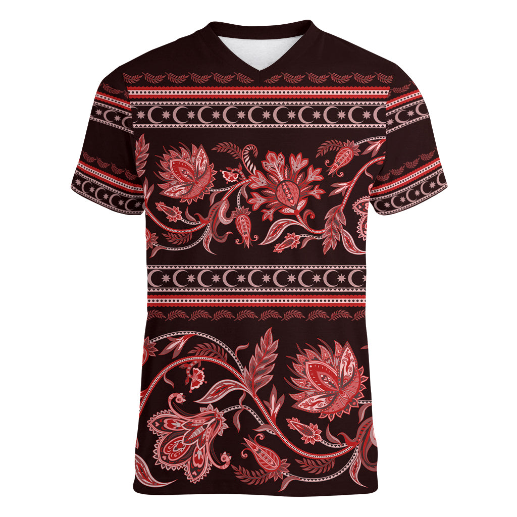 Azerbaijan Women V Neck T Shirt Traditional Pattern Ornament With Flowers Buta Red - Wonder Print Shop