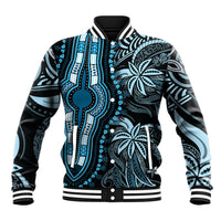 Blue dashiki-style baseball jacket with black-and-white striped ribbed collar and cuffs