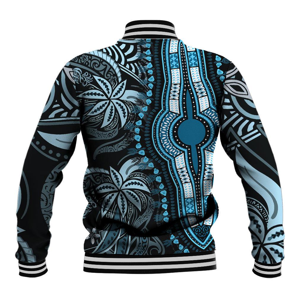 Blue and black dashiki-style baseball jacket with striped ribbed collar, cuffs, and hem