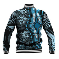 Blue and black dashiki-style baseball jacket with striped ribbed collar, cuffs, and hem