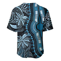 Blue and black short-sleeve baseball jersey, button front, ornate tribal print