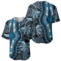 Blue tribal print baseball jersey with short sleeves, V-neck collar, button placket