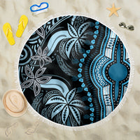 Round beach blanket with blue and black tribal mandala print, white fringe edge