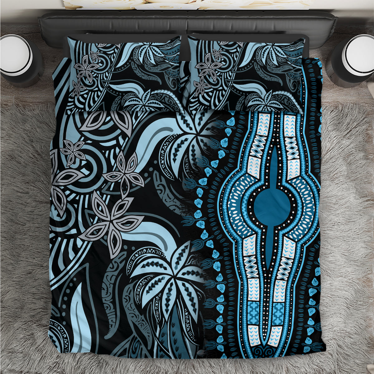 Blue dashiki-inspired bedding set with patterned hamsa and floral motifs, teal and white