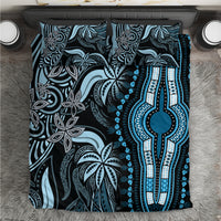 Blue dashiki-inspired bedding set with patterned hamsa and floral motifs, teal and white