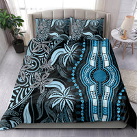 Blue dashiki bedding set with bold teal hamsa and leaf motifs on dark base