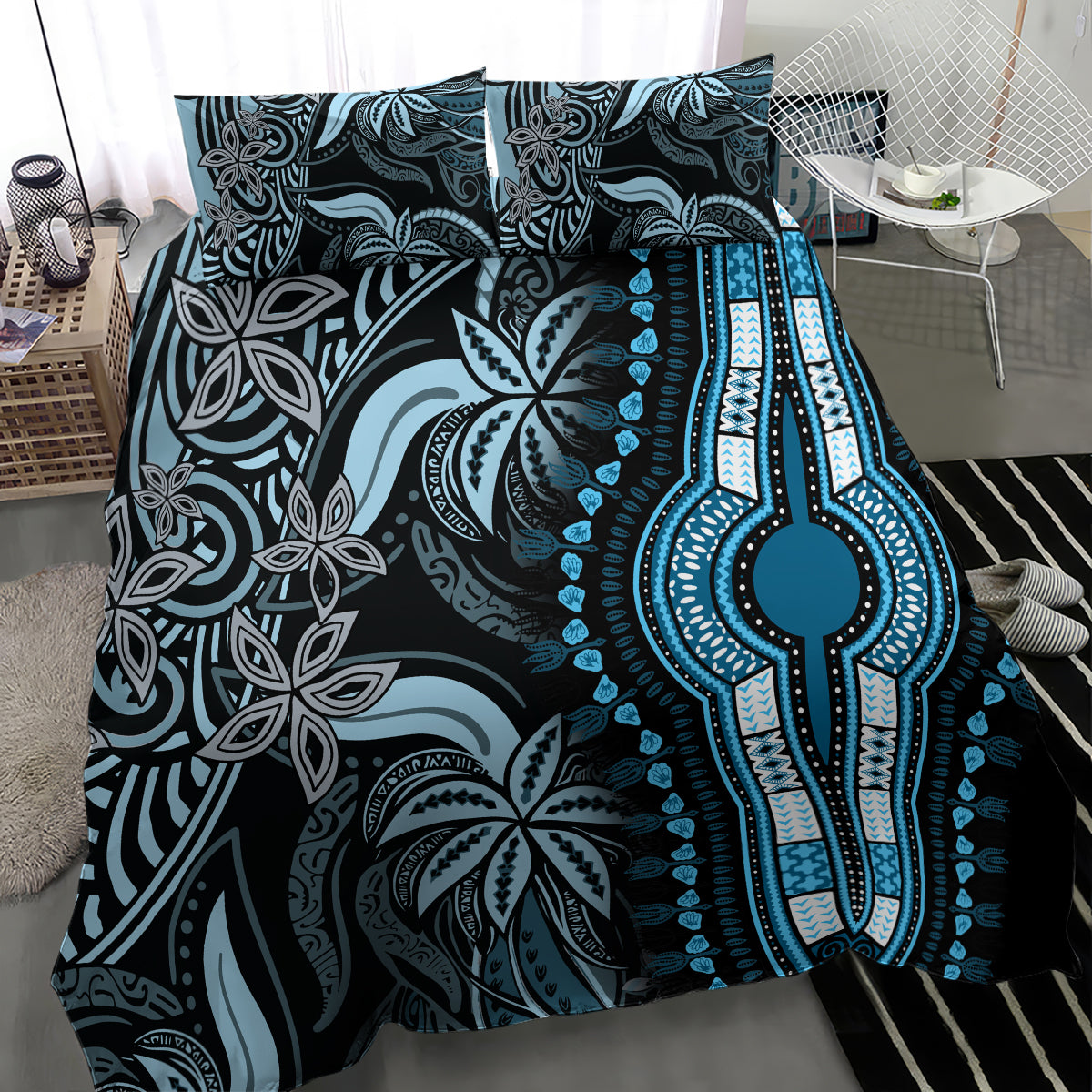 Blue dashiki bedding set: dark geometric and floral pattern with teal hamsa center