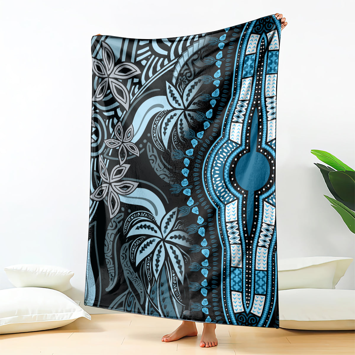 Blue and dark gray dashiki-pattern blanket with ornate leaf and dot motifs