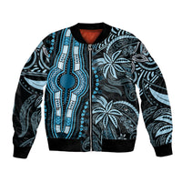 Blue bomber jacket with black tribal dashiki print, front zipper and ribbed cuffs